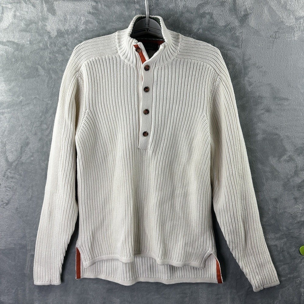 J.L. Powell Mens Knitted Sweater Henley Button Neck Pullover Cream White Size M